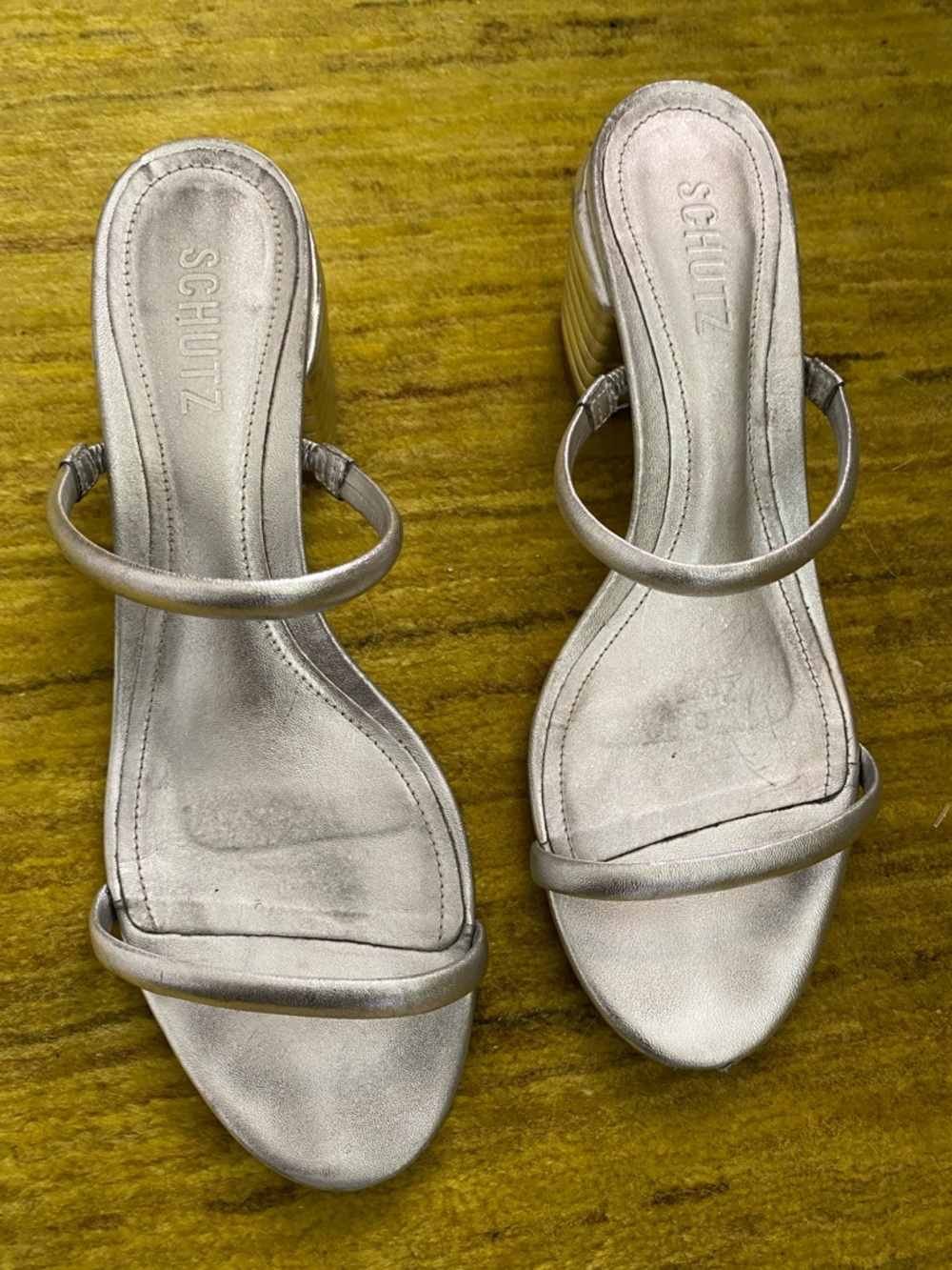SCHUTZ size 9  Silver Metallic Double-Strap Mule Heels